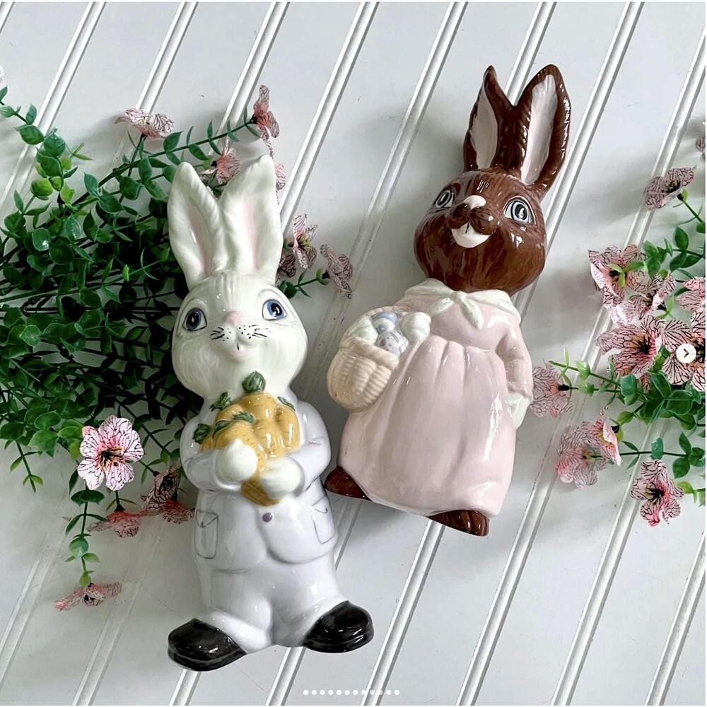 Vintage Ceramic Easter Rabbit Statues Boy Bunny Blue  Girl Bunny Pink Dress PAIR